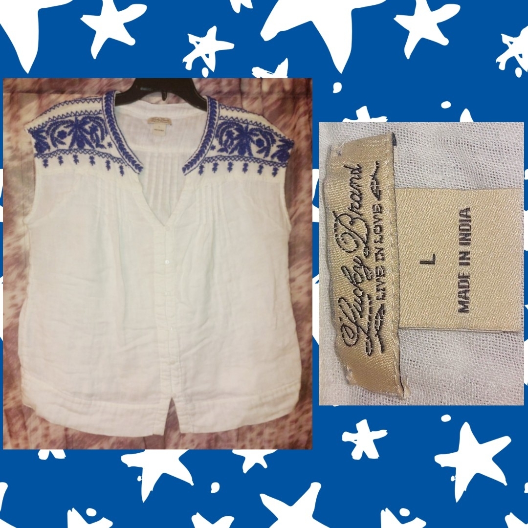 Lucky Brand Brand White  Dk Blue Embroidered Button Front Soft Woven Top Sz Lrg